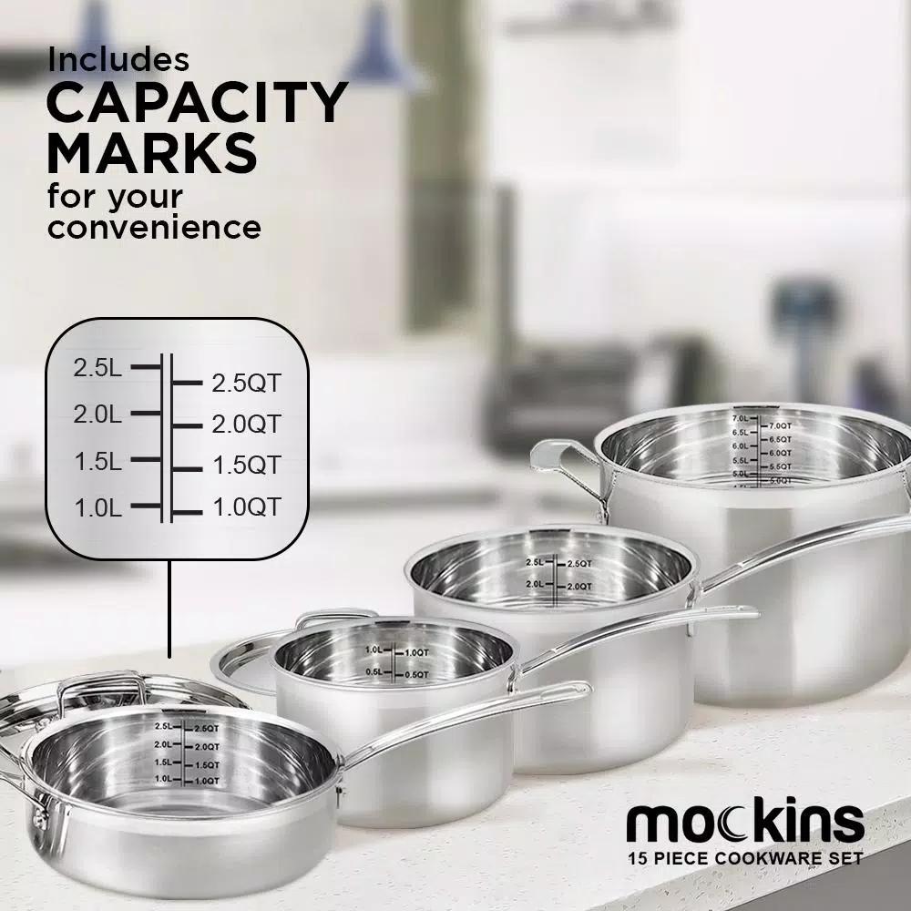 Mockins 15-Piece Tri-Ply Stainless Steel Cookware Set with Lids