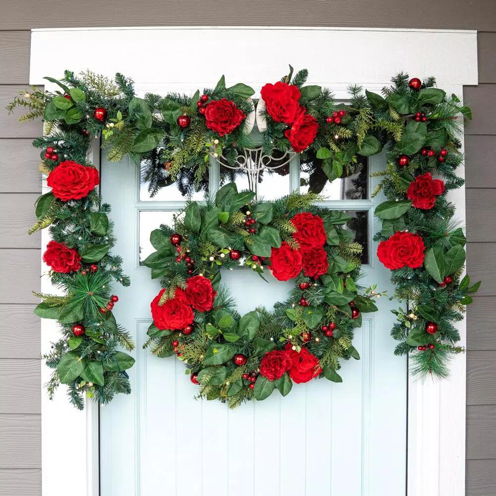 Village Lighting Company 30 in. Pre-Lit Red Peony and Berry Artificial Christmas Wreath with 50 LED Lights
