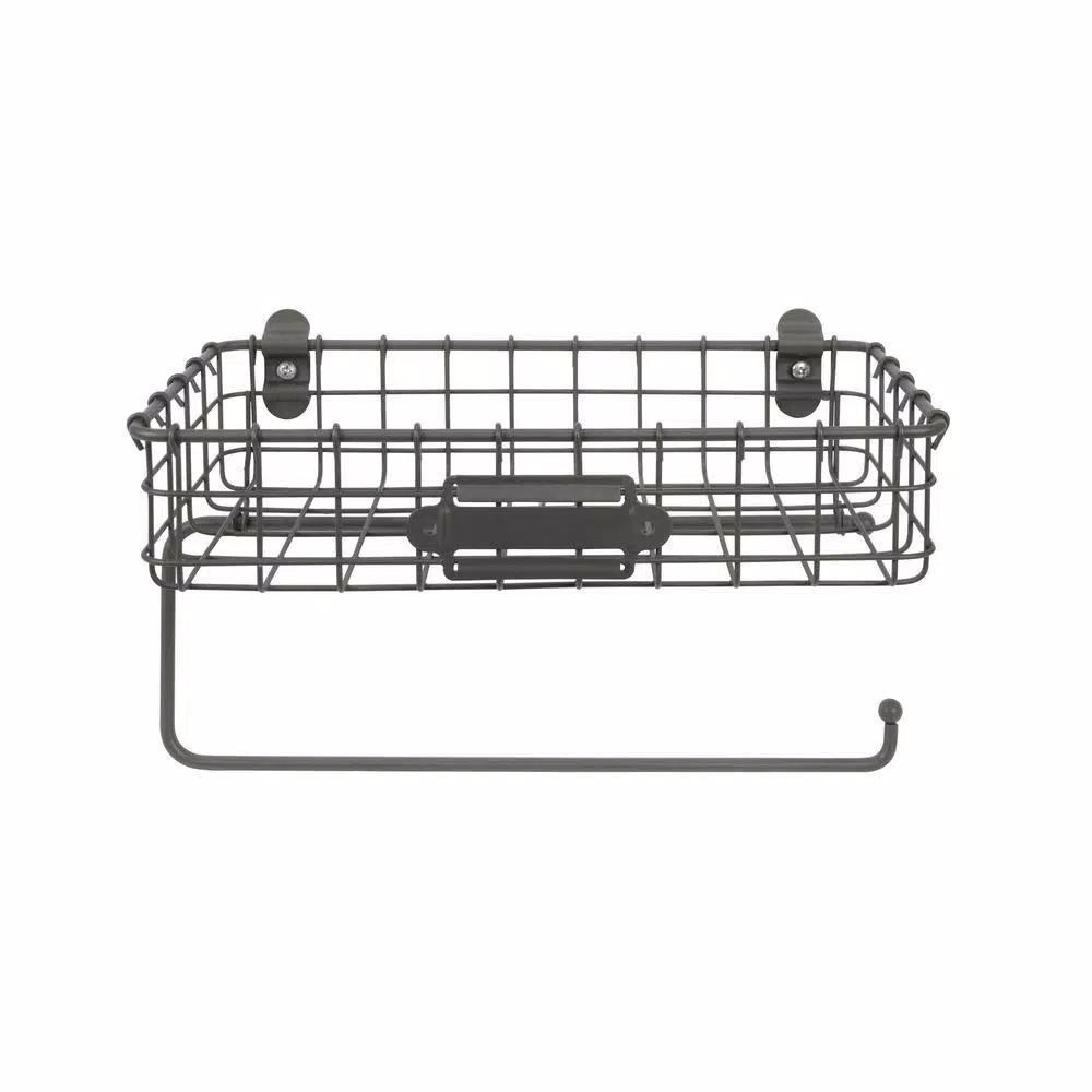 Spectrum Vintage Living Wall Mount Basket with Paper Towel Holder, Industrial Gray Steel