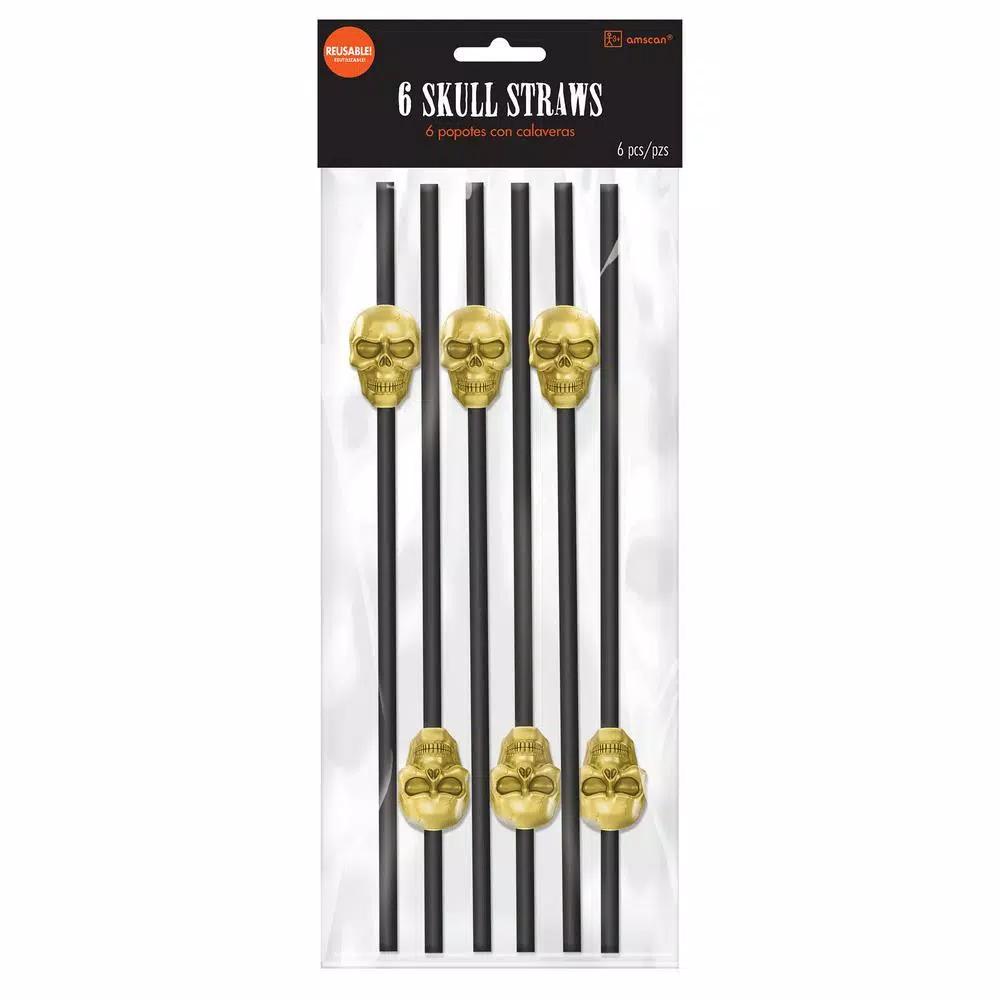 Amscan 11 in. Metallic Halloween Skull Reusable Plastic Straws, Black and Gold (18-Pack)