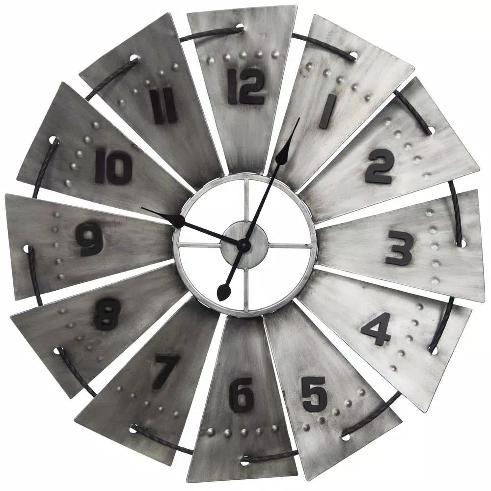 Pinnacle Rustic Galvanized Metal Windmill Wall Clock, 31-in Oversized Farmhouse Decor