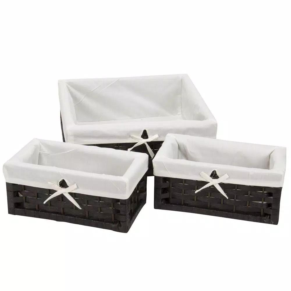 Household Essentials Black Paper Rope Wicker Utility Basket Set of 3 with Washable Cotton Liners