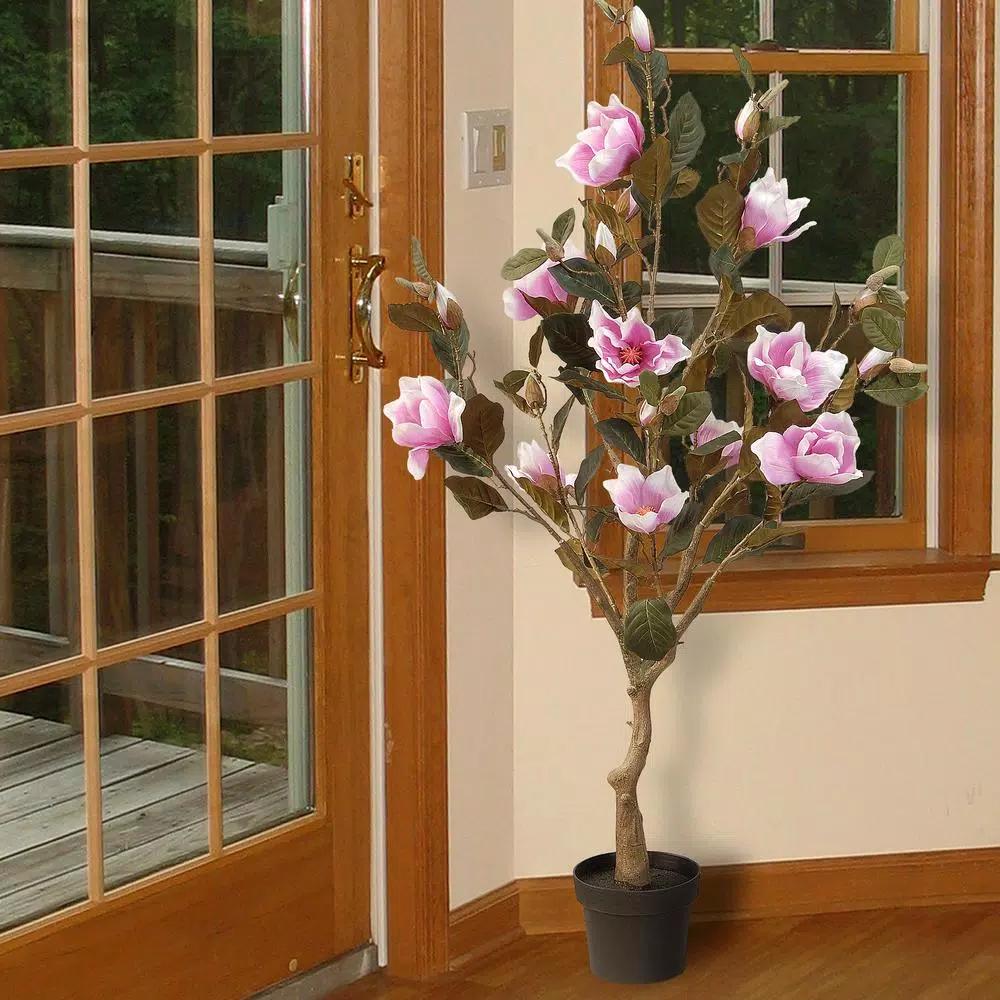 National Tree Company 48 in. Pink Magnolia Artificial Flower Tree in Matte Black Pot
