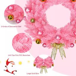 Costway 24 in. Pink Artificial PVC Christmas Wreath with Ornament Balls and Golden Bow thumbnail 3