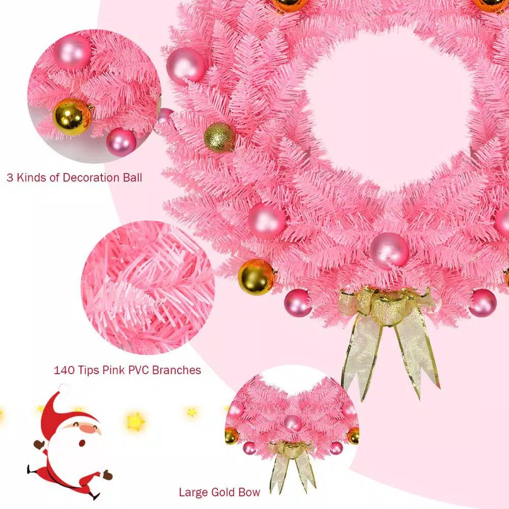 Costway 24 in. Pink Artificial PVC Christmas Wreath with Ornament Balls and Golden Bow