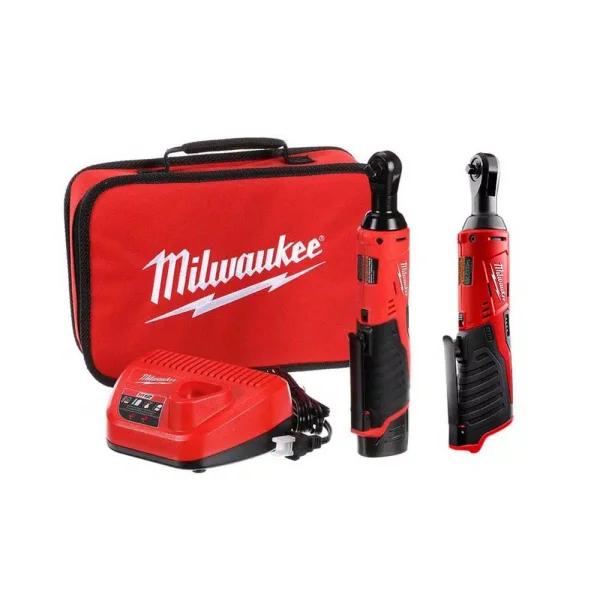 Milwaukee M12 12V Lithium-Ion Cordless 3/8 in. and 1/4 in. Ratchet Kit with Battery, Charger and Bag