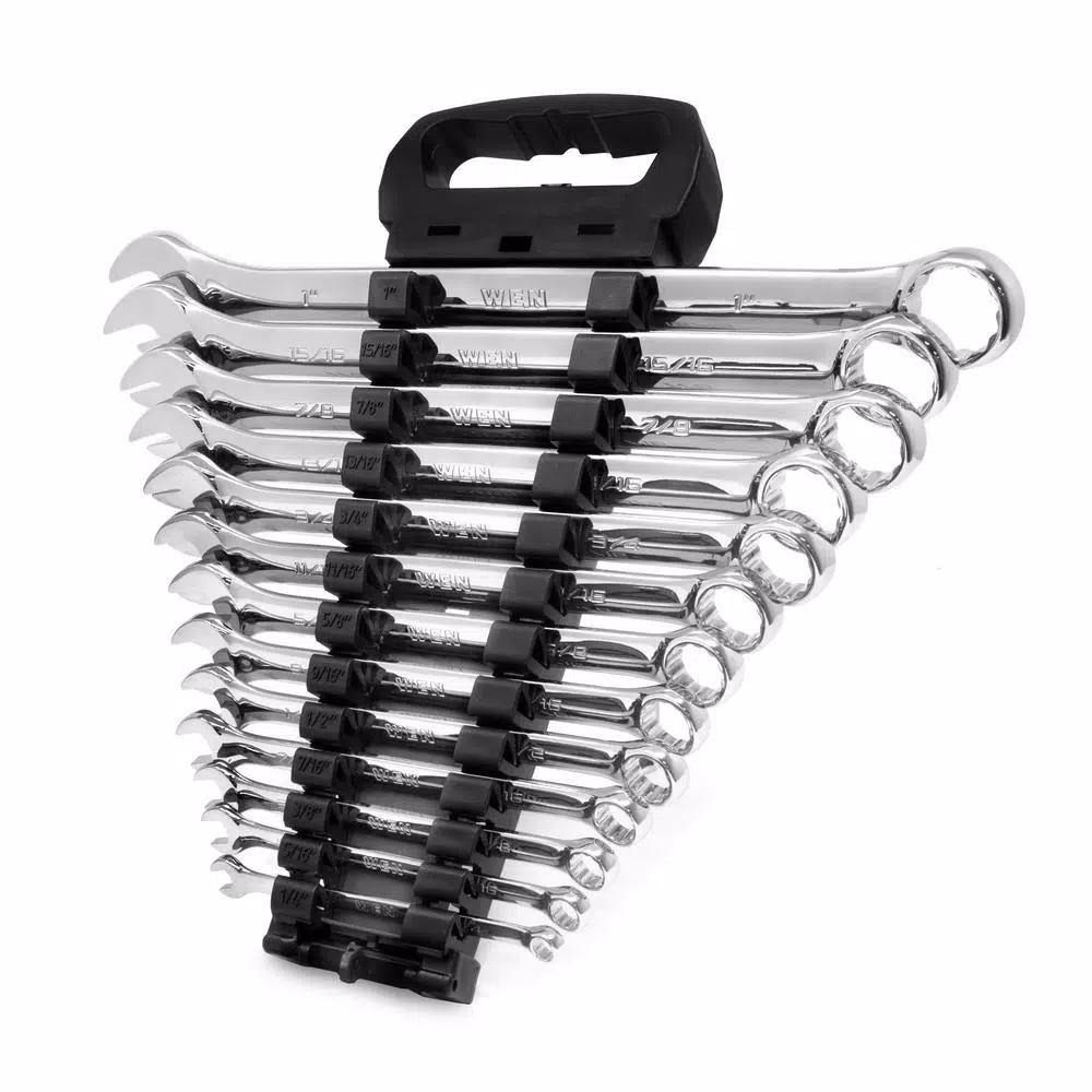 WEN 13-Piece SAE Combination Wrench Set with Storage Rack, Chrome Vanadium Steel