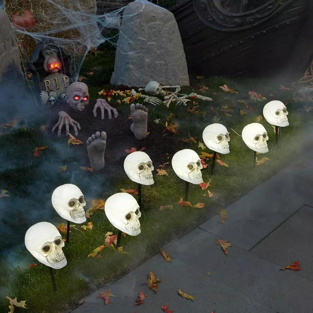 Home Accents Holiday 14.5 in. LED Scary Skull Pathway Markers with Sound and Timer (4-Pack)