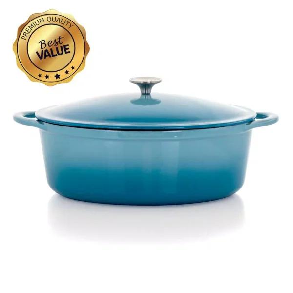 MegaChef 7 Qt. Oval Enameled Cast Iron Casserole Dish with Lid, Blue