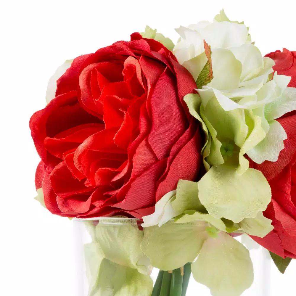 Pure Garden 6.5 in. Red Hydrangea and Rose Artificial Floral Arrangement in Glass Vase