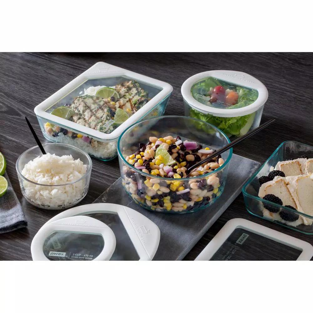 Pyrex Ultimate 10-Piece Glass Food Storage Set with Oven-Safe Glass Lids and White Silicone Rims