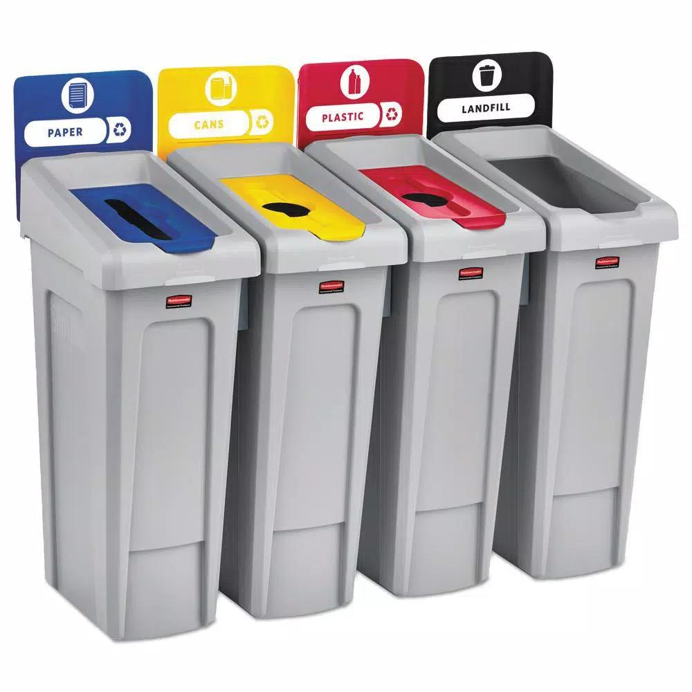 Rubbermaid Commercial Products Slim Jim 92 Gallon 4-Stream Recycling Station Kit - Landfill, Paper, Plastic, Cans
