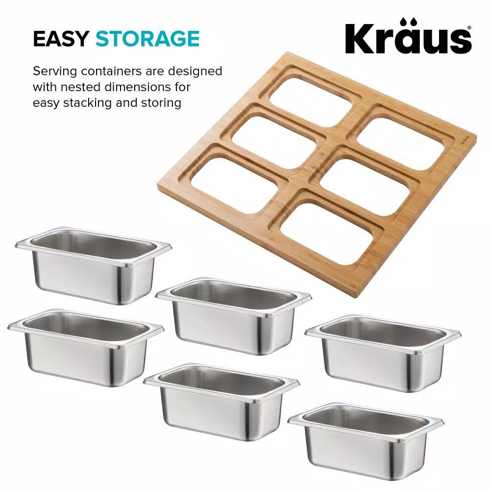 Kraus Workstation Kitchen Sink Accessory Set with Bamboo Serving Board and 6 Stainless Steel Prep Bowls