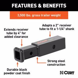 CURT Receiver Tube Adapter, 2" to 1-1/4" Shank, 4" Extension, 3,500 lbs. GTW thumbnail 2