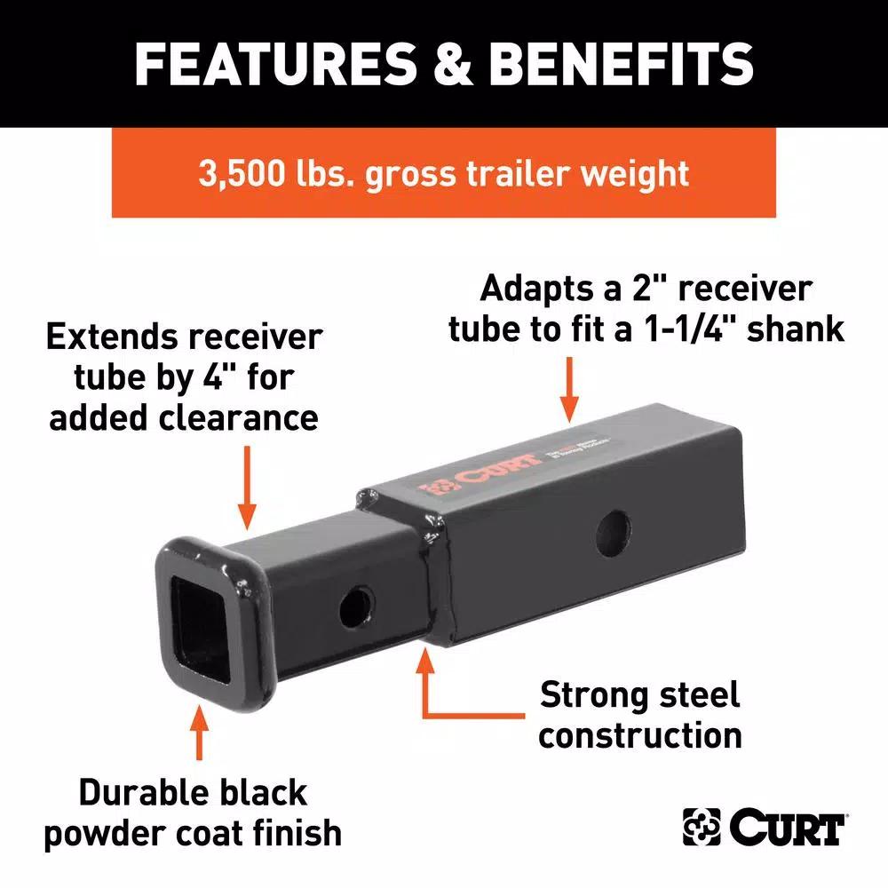 CURT Receiver Tube Adapter, 2" to 1-1/4" Shank, 4" Extension, 3,500 lbs. GTW