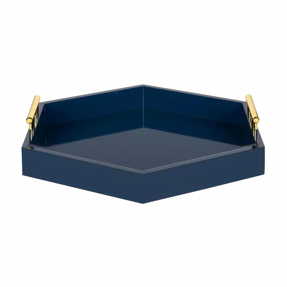 Kate and Laurel Lipton 18 in. Navy Blue Hexagon Decorative Tray with Polished Metal Handles