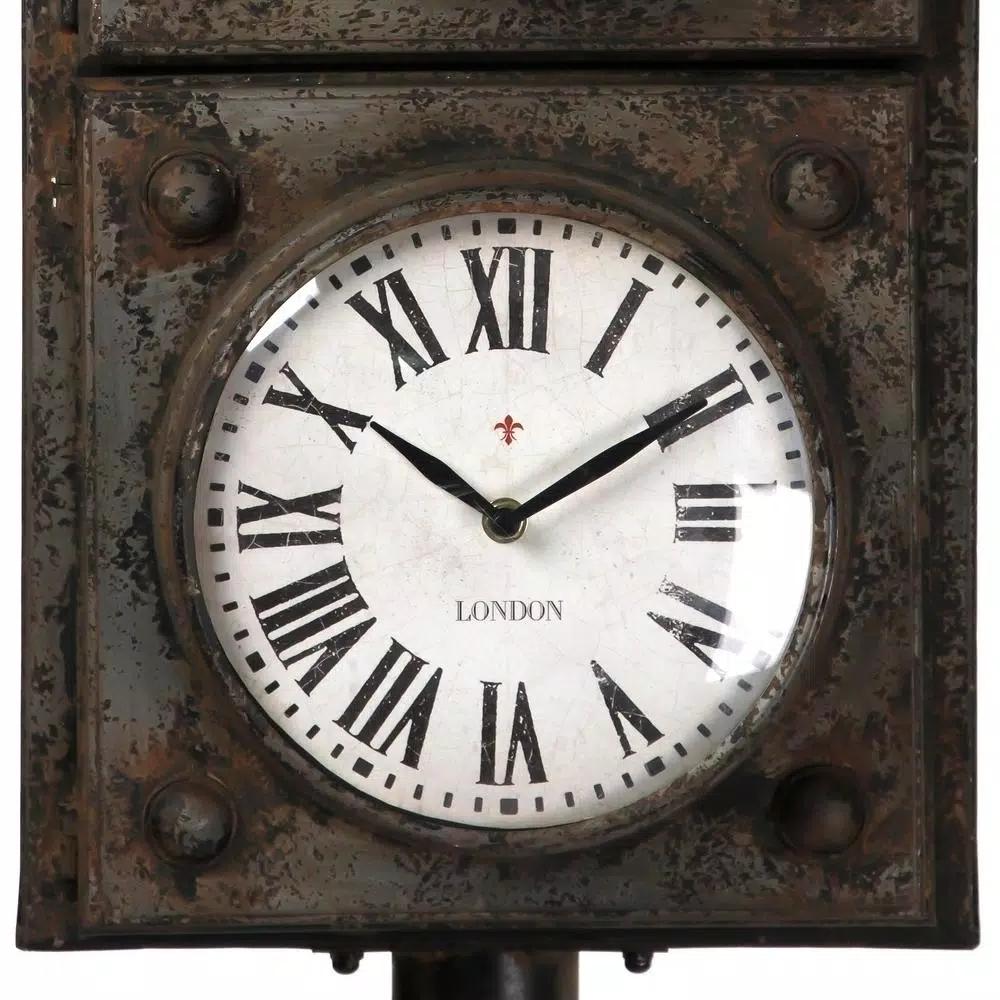 Zentique Antique Grey Metal Floor Clock with 3 Clock Faces and Hidden Storage
