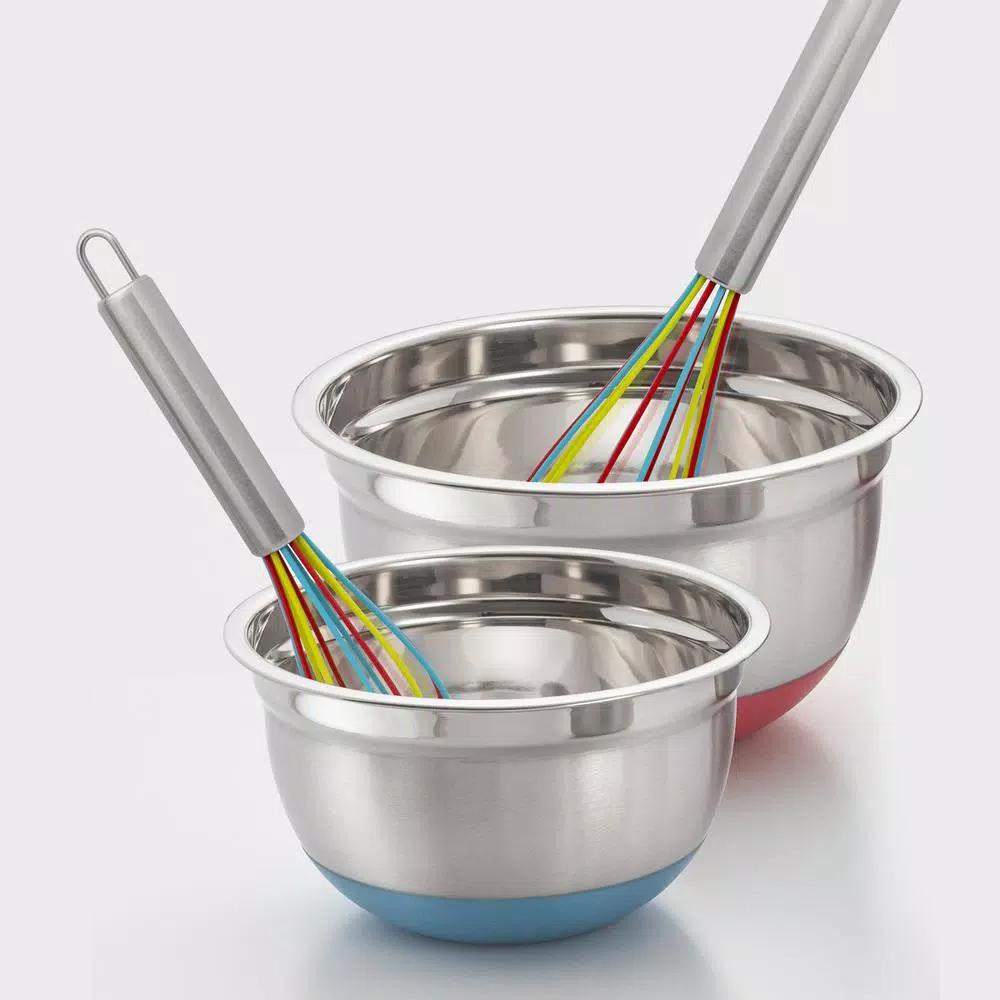 ExcelSteel Stainless Steel Tri-Color Silicone Coated Whisk Set, 8 in. and 10 in. (Set of 2)