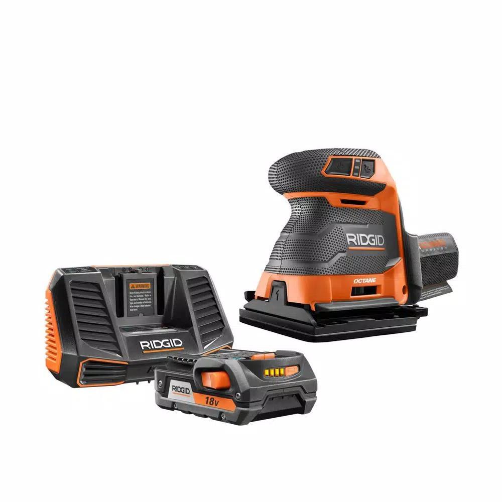 RIDGID 18V OCTANE Cordless Brushless 3-Speed 1/4 Sheet Sander Kit with 2.0 Ah Battery and Charger