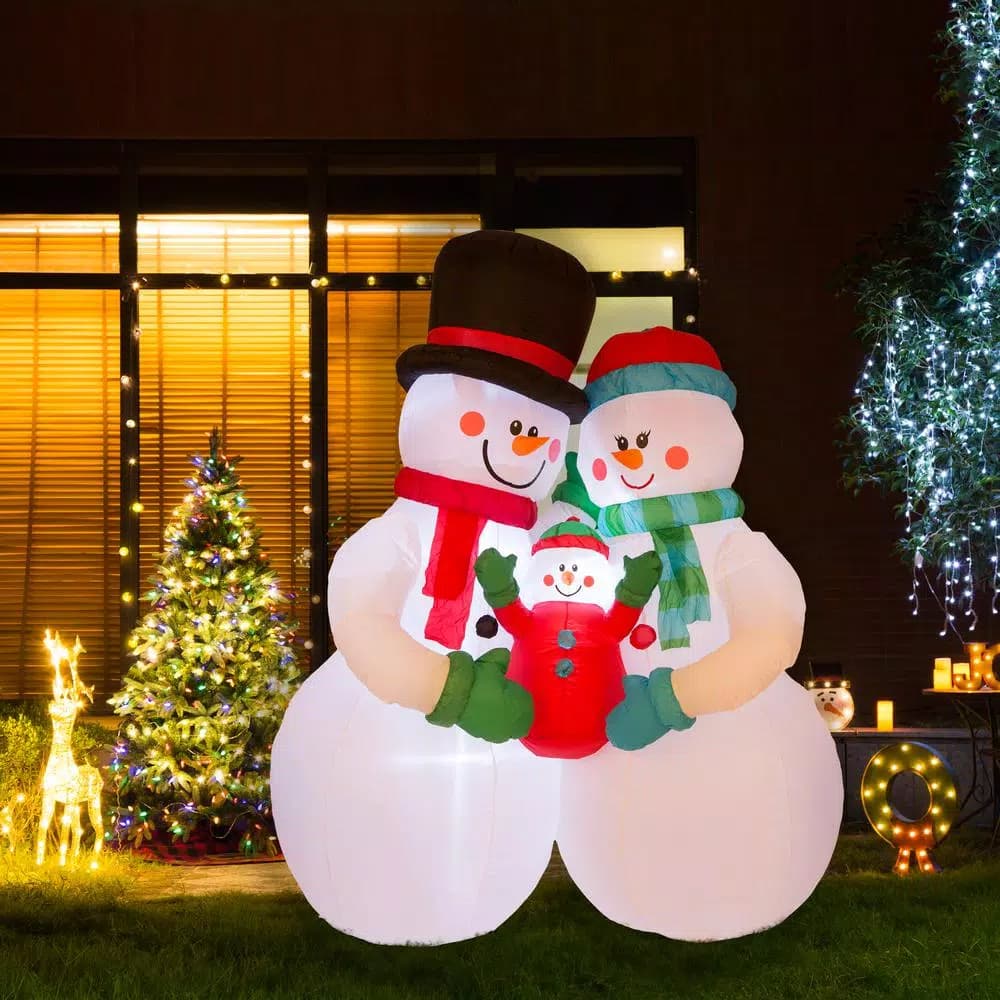 Glitzhome 8 ft. Lighted Inflatable Snowman Family Christmas Decor