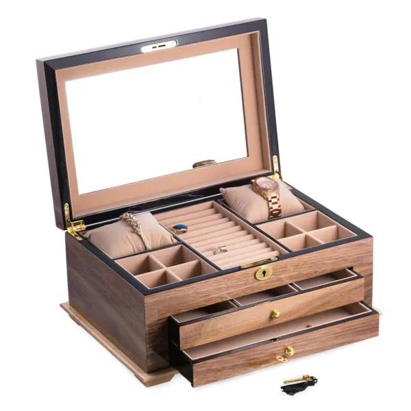 BEY-BERK Walnut Lacquered Wood 3-Level Jewelry Box with Gold Accents and Locking Lid