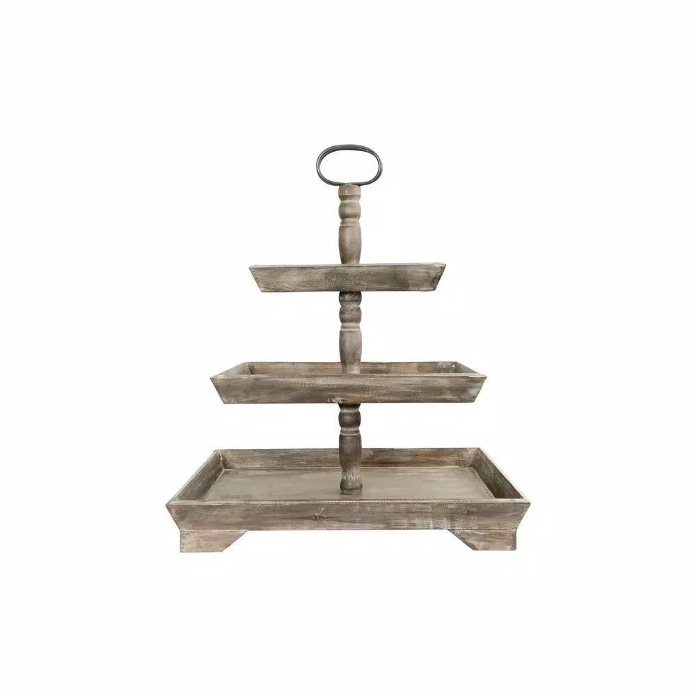 3R Studios Rustic Brown 3-Tier Decorative Tray with Metal and Fir Wood Construction
