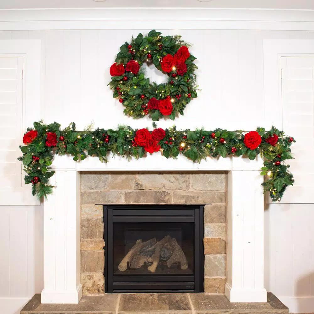 Village Lighting Company 30 in. Pre-Lit Red Peony and Berry Artificial Christmas Wreath with 50 LED Lights