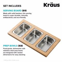KRAUS Workstation Kitchen Sink Accessory Set: Bamboo Serving Board & 3 Stainless Steel Prep Bowls thumbnail 3