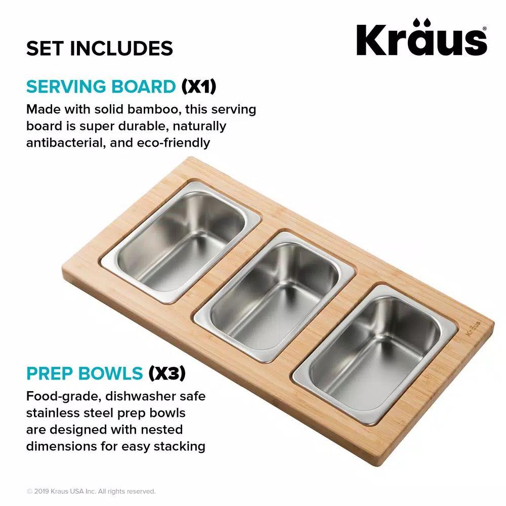 KRAUS Workstation Kitchen Sink Accessory Set: Bamboo Serving Board & 3 Stainless Steel Prep Bowls