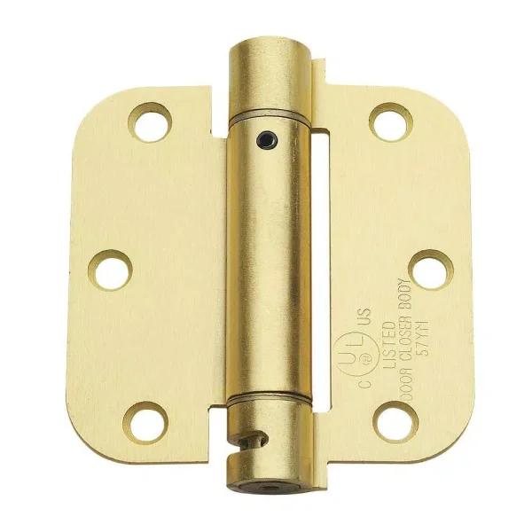 Global Door Controls 3.5 in. x 3.5 in. Satin Brass Steel Spring Hinge, 5/8 in. Radius (Set of 2)