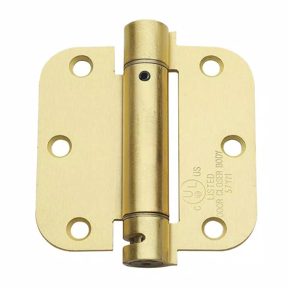 Global Door Controls 3.5 in. x 3.5 in. Satin Brass Steel Spring Hinge, 5/8 in. Radius (Set of 2)