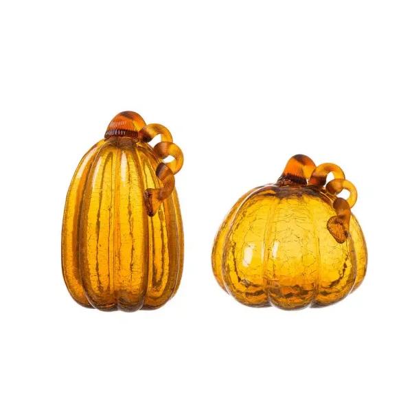 Glitzhome Amber Crackle Glass Pumpkin Set of 2, Handmade Indoor Tabletop Decor