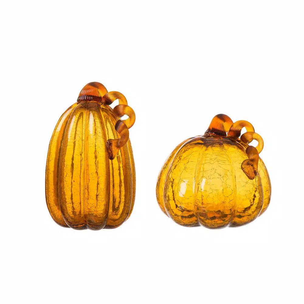 Glitzhome Amber Crackle Glass Pumpkin Set of 2, Handmade Indoor Tabletop Decor