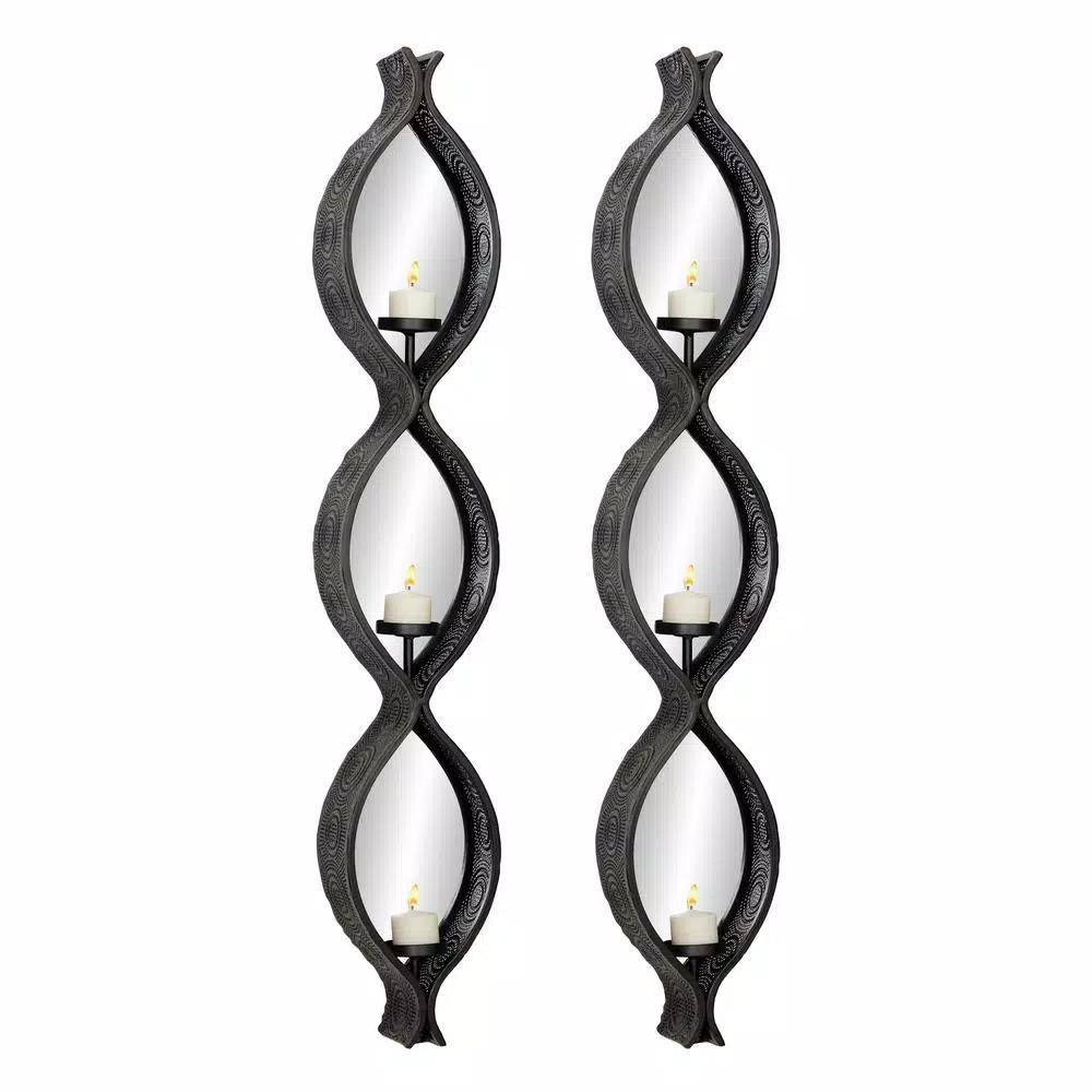 LITTON LANE Eclectic Black Metal Mesh Ellipse Wall Sconces with Mirror Inlays, Set of 2