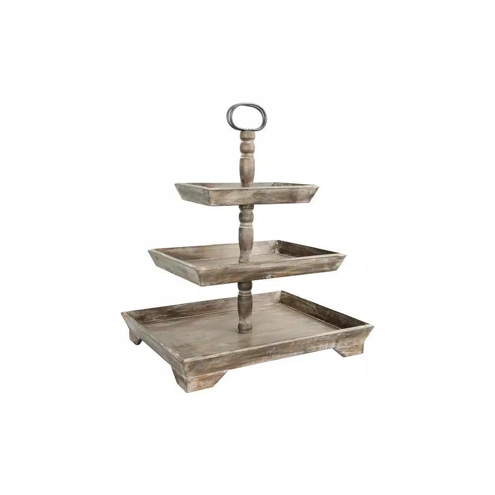 3R Studios Rustic Brown 3-Tier Decorative Tray with Metal and Fir Wood Construction