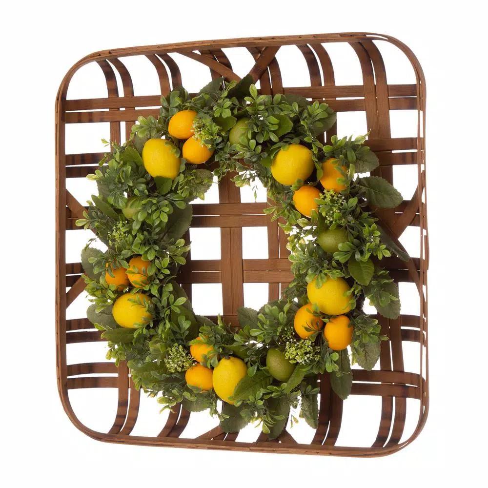 Unbranded 22 in. Greenery Lemon Wreath with 24 in. Bamboo Tobacco Basket