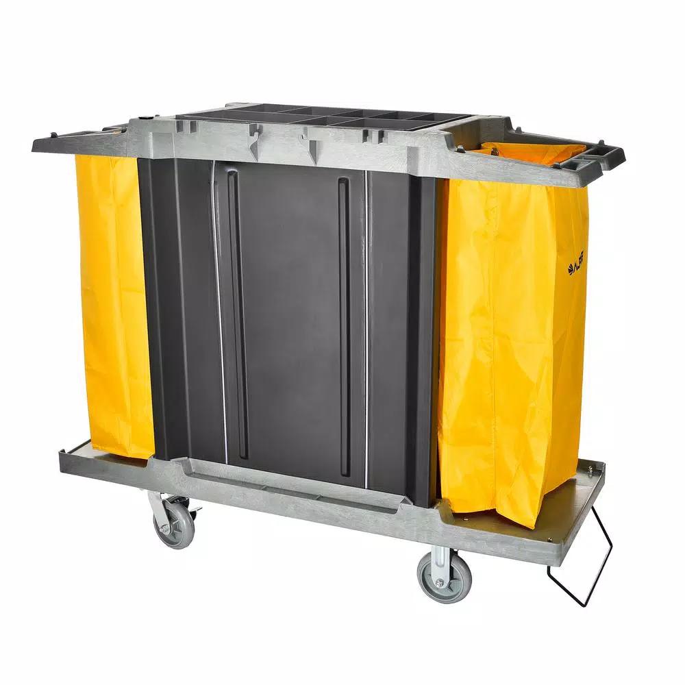 Alpine Industries 4-Shelf PVC Janitorial Cleaning Cart with 2 Yellow Vinyl Bags