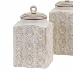 Benjara Dreanna 3-Piece White Ceramic and Mango Wood Canister Set with Distressed Cream Finish thumbnail 2