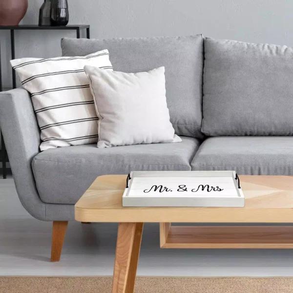 Elegant Designs White Wash Wooden Decorative Serving Tray with Black Metal Handles - Mr. and Mrs. Farmhouse Style