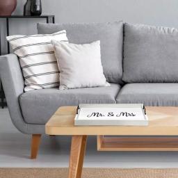 Elegant Designs White Wash Wooden Decorative Serving Tray with Black Metal Handles - Mr. and Mrs. Farmhouse Style thumbnail 1