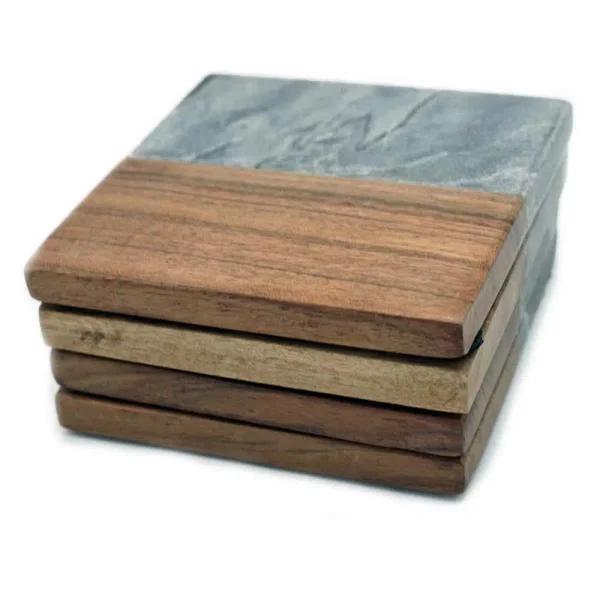 Unbranded Jodhpuri 4-Piece Ocean Gray Marble and Acacia Wood Coaster Set