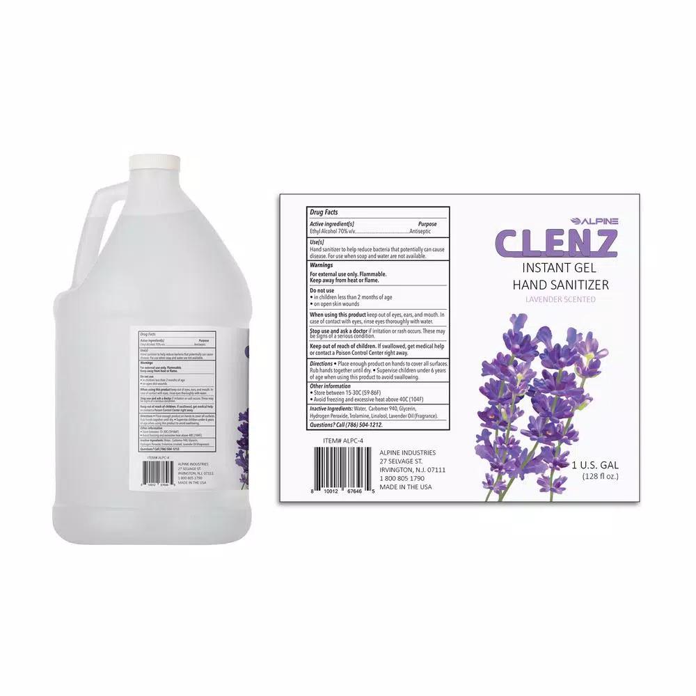 Alpine Industries Clenz Instant Gel Hand Sanitizer, Lavender Scent, 1 Gallon (4-Pack)