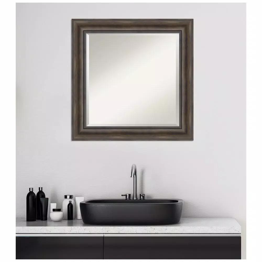 Amanti Art 25 in. Square Rustic Dark Brown Distressed Wood Framed Beveled Edge Bathroom Vanity Mirror