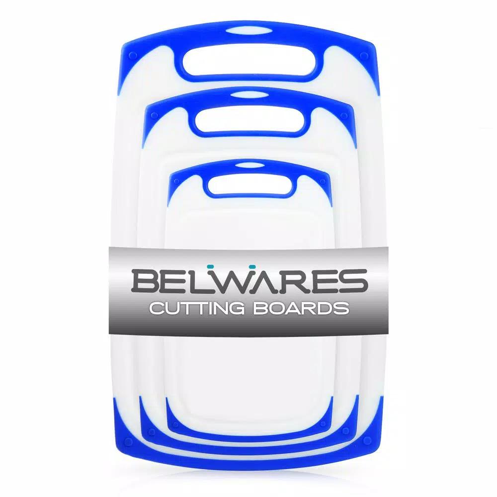 Belwares 3-Piece Plastic Cutting Board Set with Non-Slip Feet and Deep Drip Grooves, Blue
