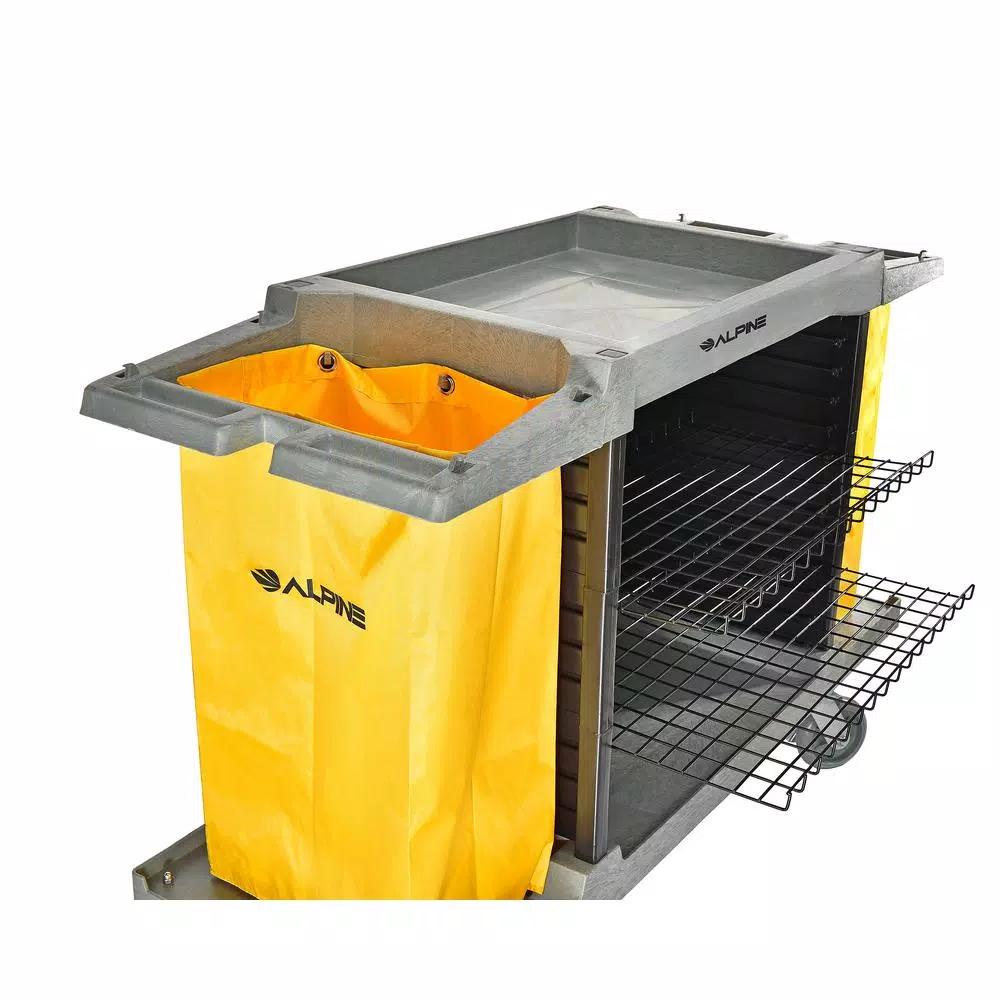 Alpine Industries 2-Wire Shelf Janitorial Cleaning Cart with 2 Yellow Vinyl Bags