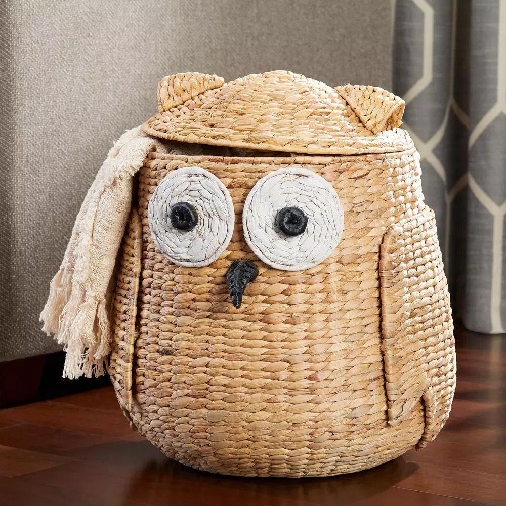 StyleWell Light Brown Owl Water Hyacinth Woven Decorative Basket with Lid