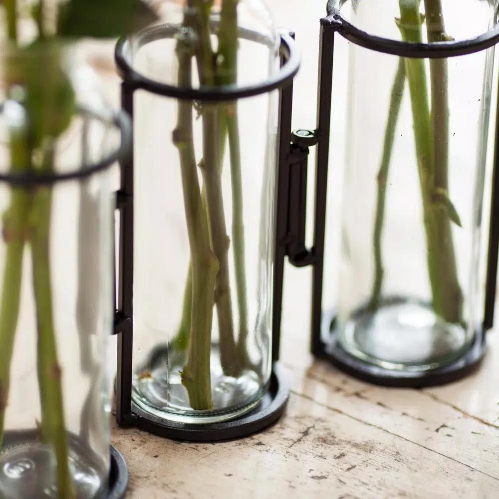 Danya B. 8 in. Hinged 5-Bottle Vase, Black Iron and Clear Glass
