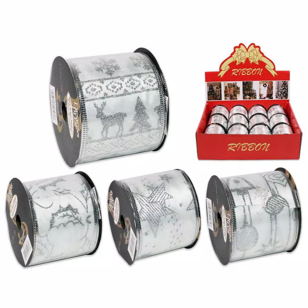 Unbranded 2.5 in. x 9 ft. Assorted Silver Wire Edge Christmas Ribbon, 24-Pack
