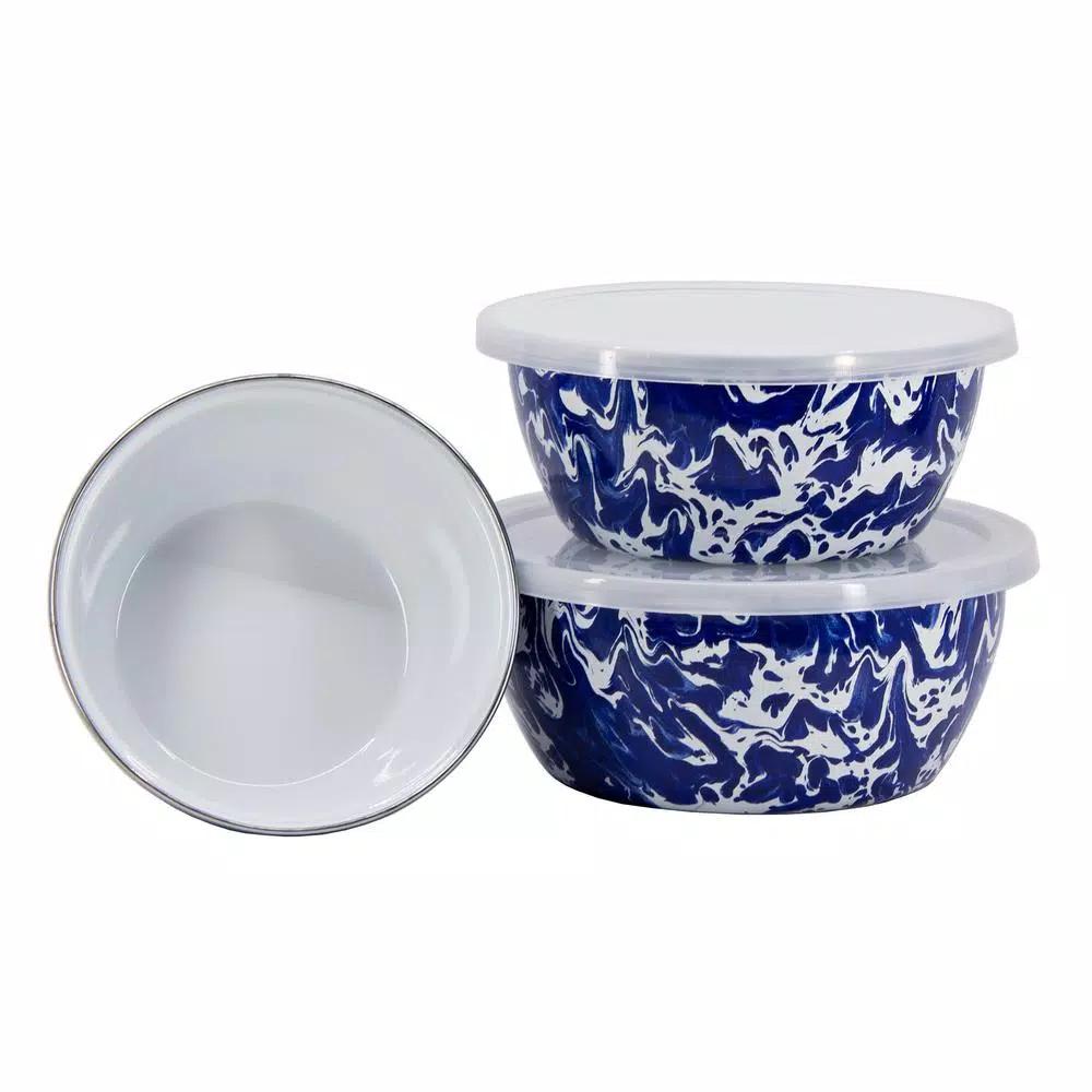 Golden Rabbit Cobalt Swirl 3-Piece Enamelware Bowl Set with Lids