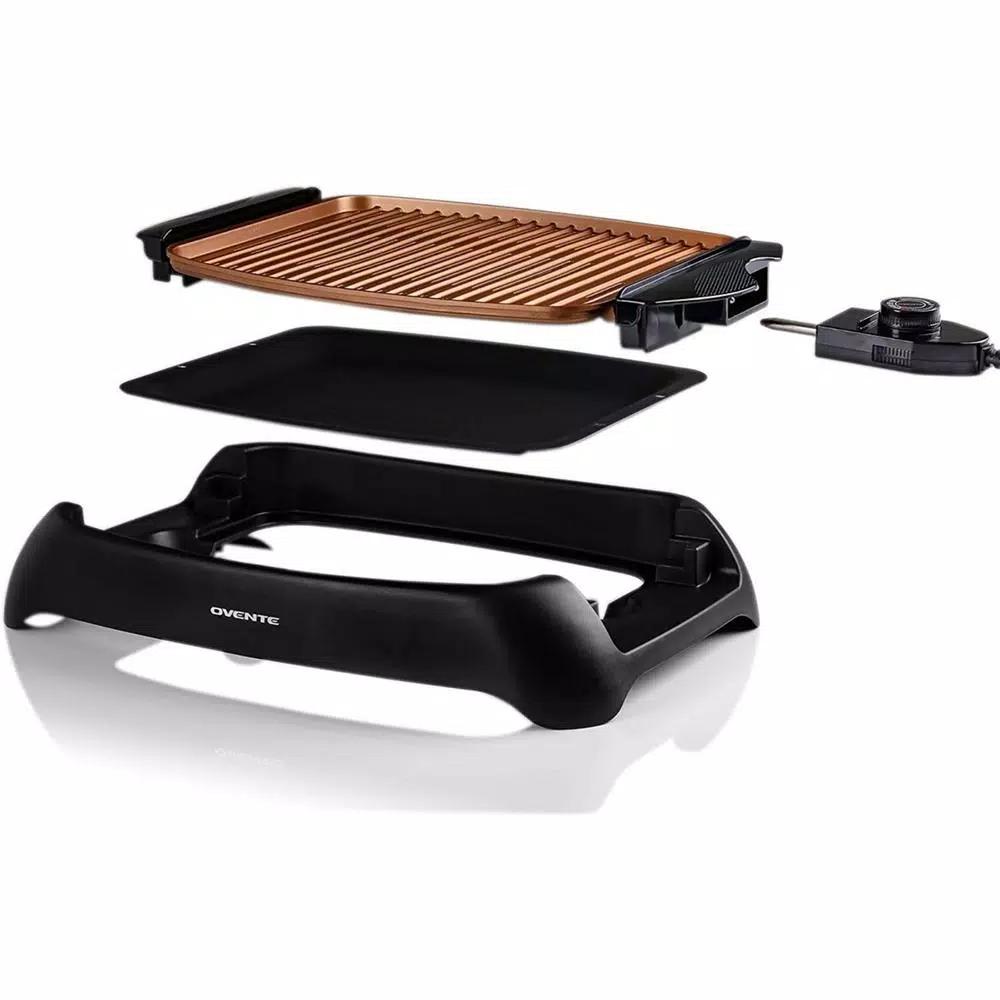 Ovente 1000W Portable Indoor Smokeless Grill, 13x10 inch Non-Stick Aluminum Grilling Plate, Copper